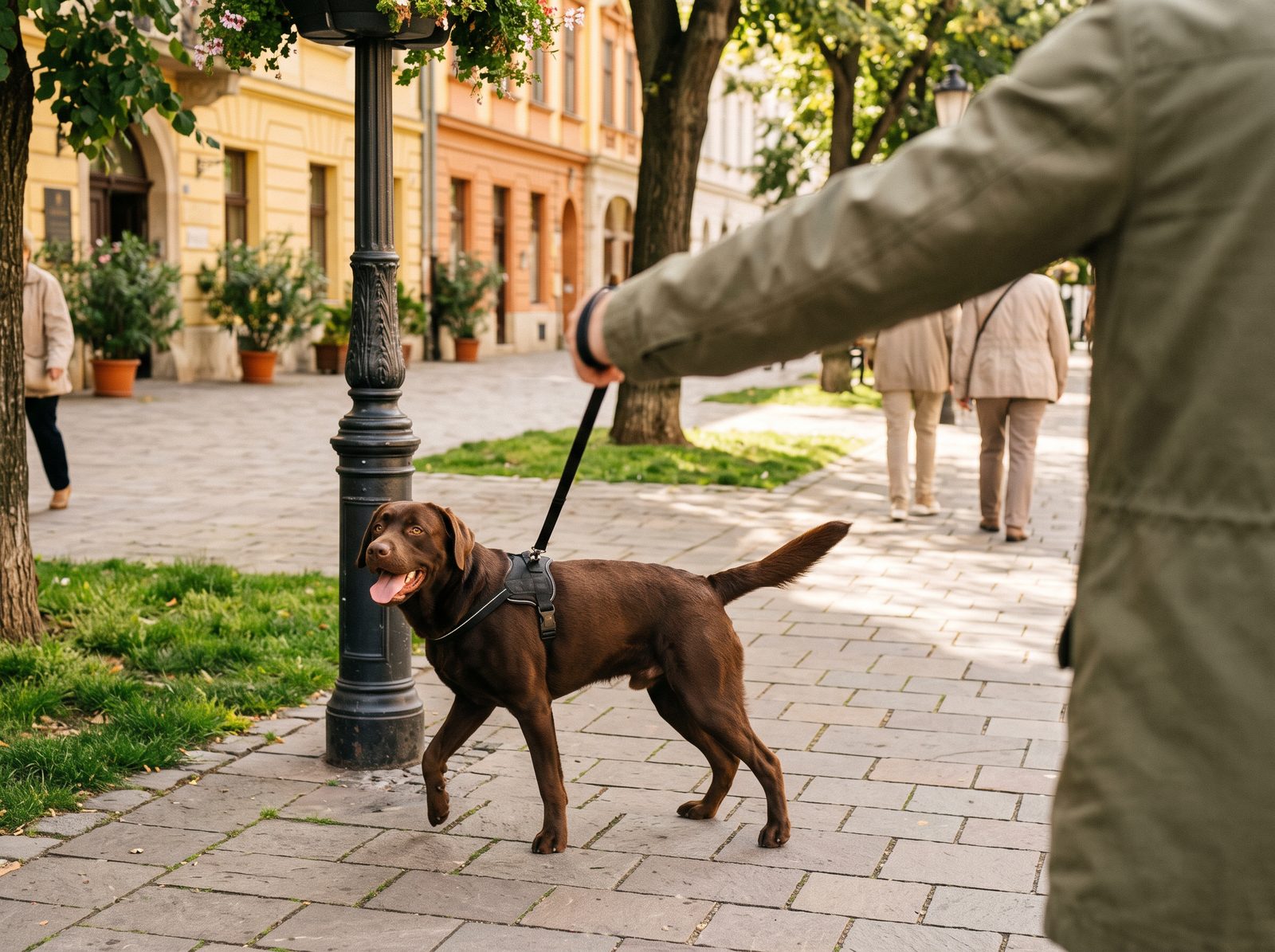 Ruka natažená napnutým vodítkem, labrador táhne ke sloupu