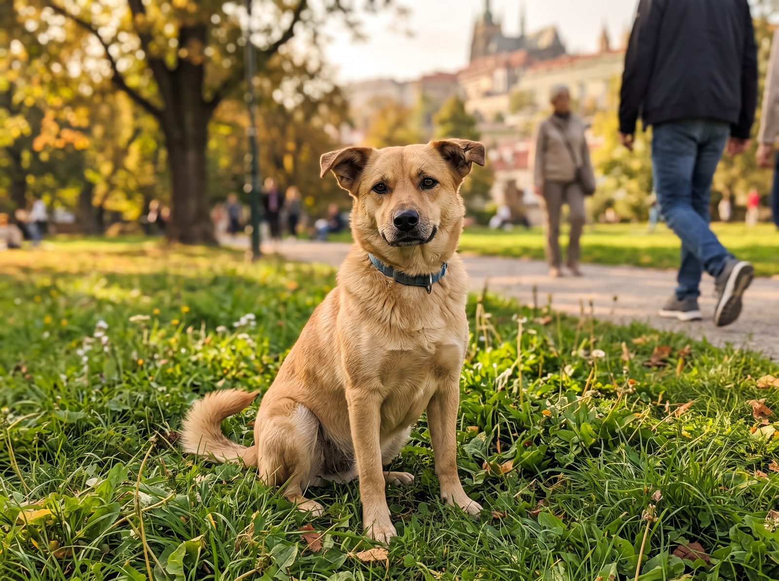 Dospělý kříženec z útulku sedí v parku a usmívá se