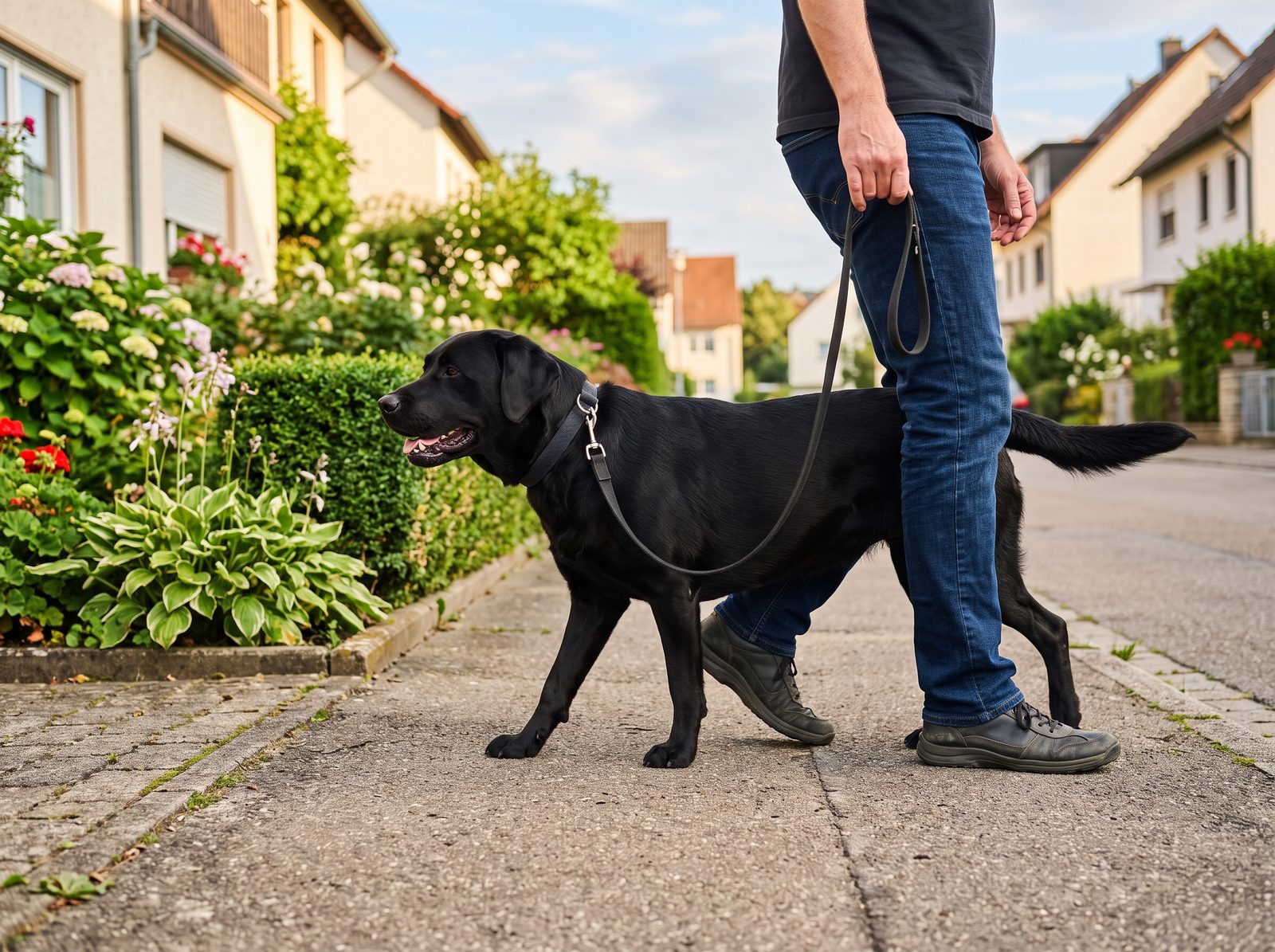 Černý labrador jde u nohy na prověšeném vodítku