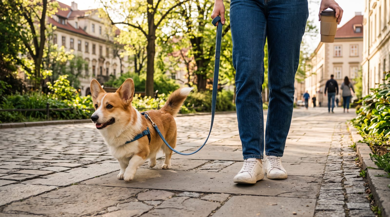 Corgi jde u nohy, vodítko visí volně do U