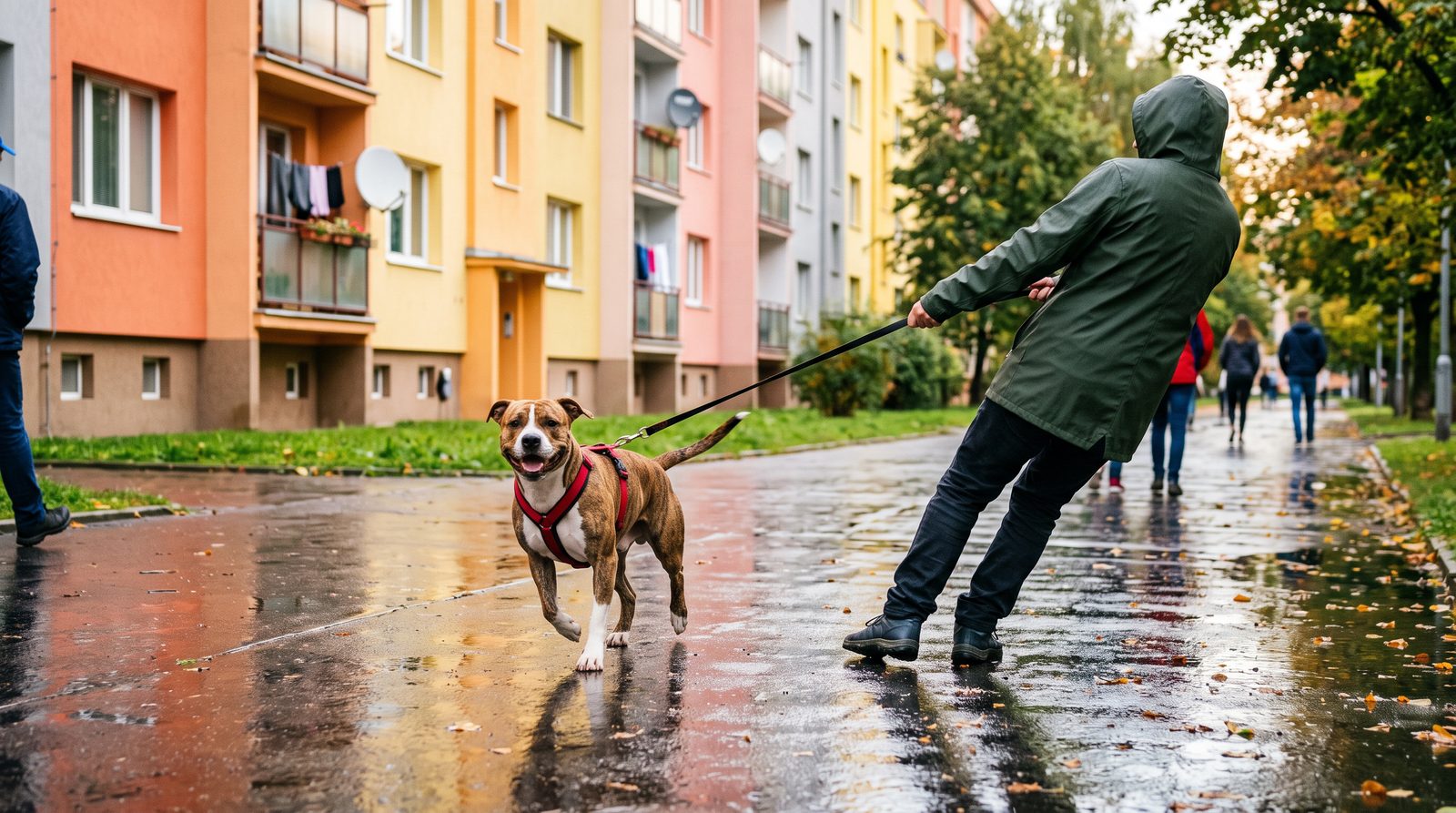 Pes v postroji táhne páníčka po mokrém chodníku sídliště, páníček v záklonu jako vodní lyžař