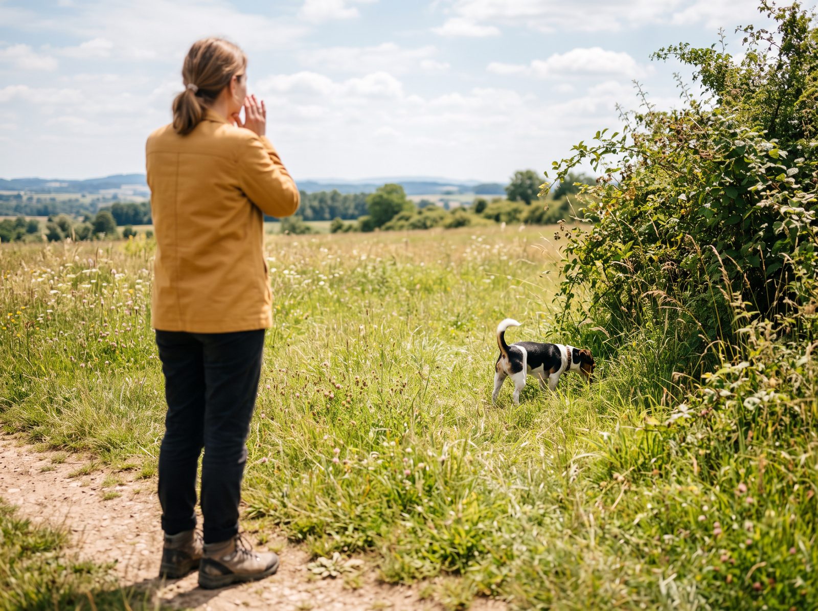 Páníček zezadu volá s rukama u pusy, pes v dálce čuchá u keře