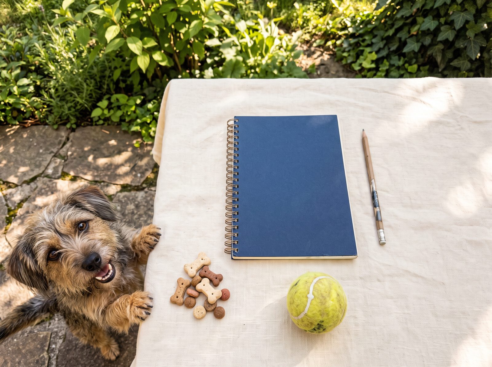 Sešit workbooku na stole vedle tenisáku a pamlsků